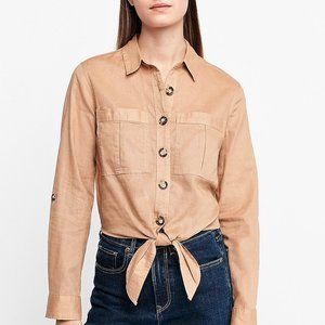 Crisp Linen-Blend Semi-Cropped Tie-Front Utility Shirt - Size XXS
